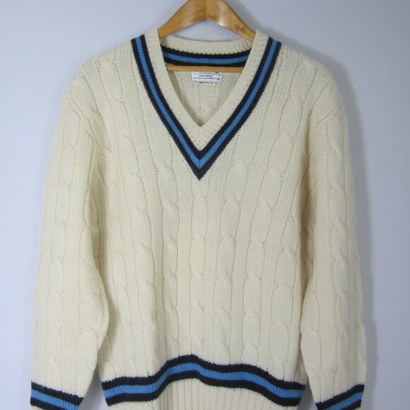 Vtg Davison's Bermuda Large Ivory Navy Blue Wool Cable Knit V Neck Sweater Golf - Picture 7 of 9
